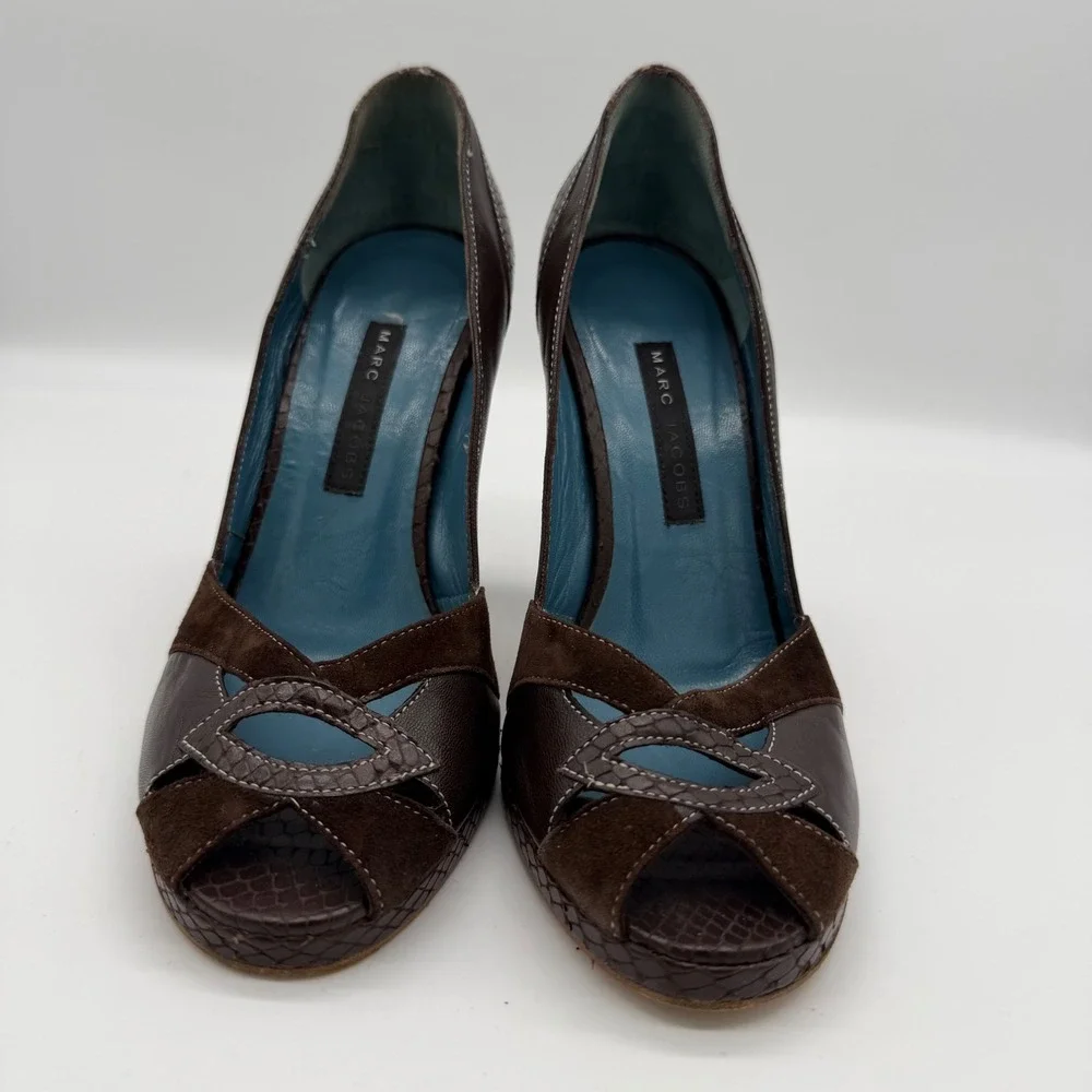 Marc Jacobs Brown Leather Suede Peep Toe Platform Pumps Heels 5.5M Italy